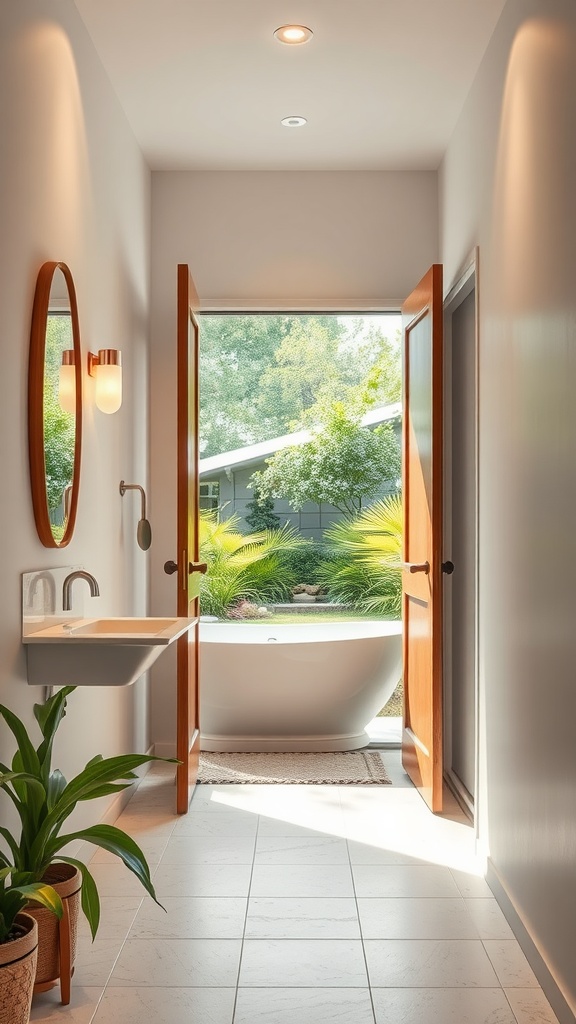 A bathroom entryway with open doors leading to a garden view, featuring a sleek sink and potted plants.