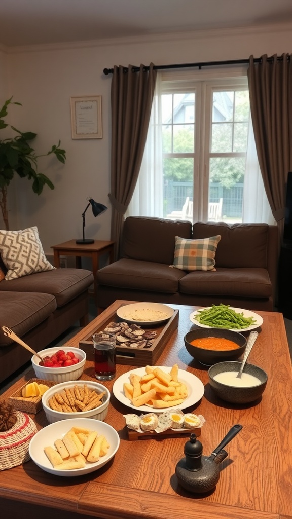 A cozy living room table spread with various finger foods and snacks including fries, strawberries, and dips.