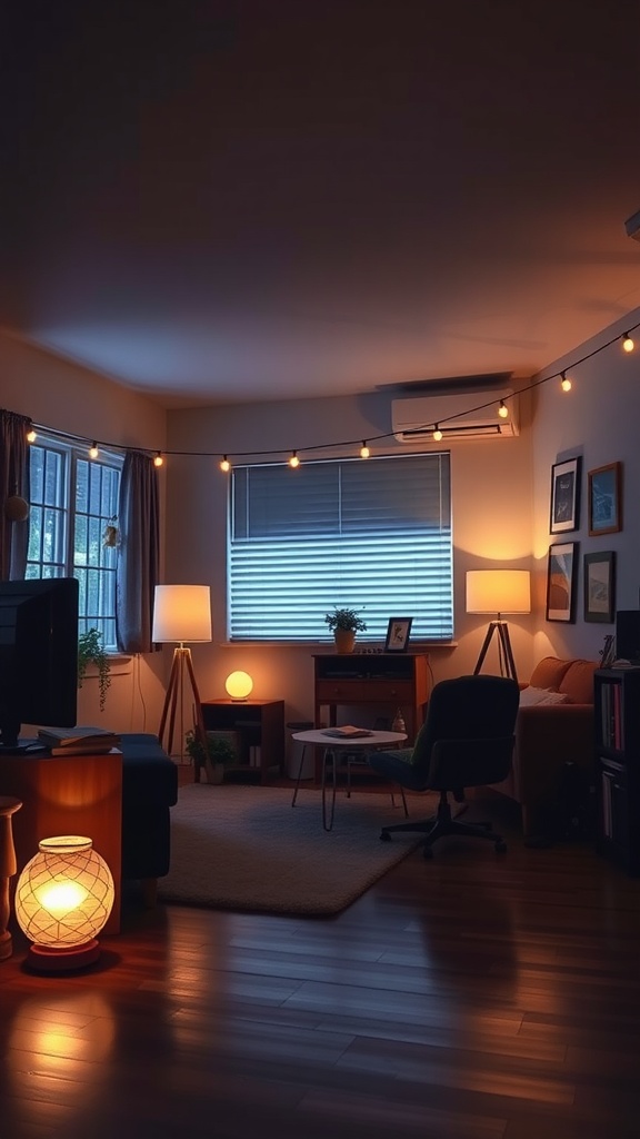 A cozy dorm living room with warm lighting from various sources, including string lights, standing lamps, and a decorative lantern.