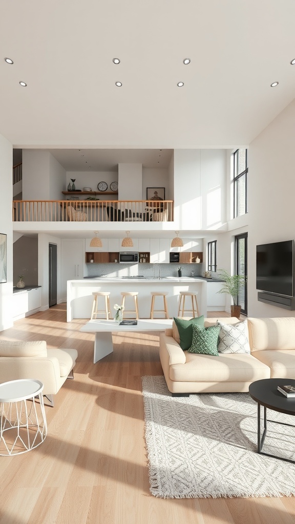 Bright and airy open concept living room with a view of the kitchen and natural light.