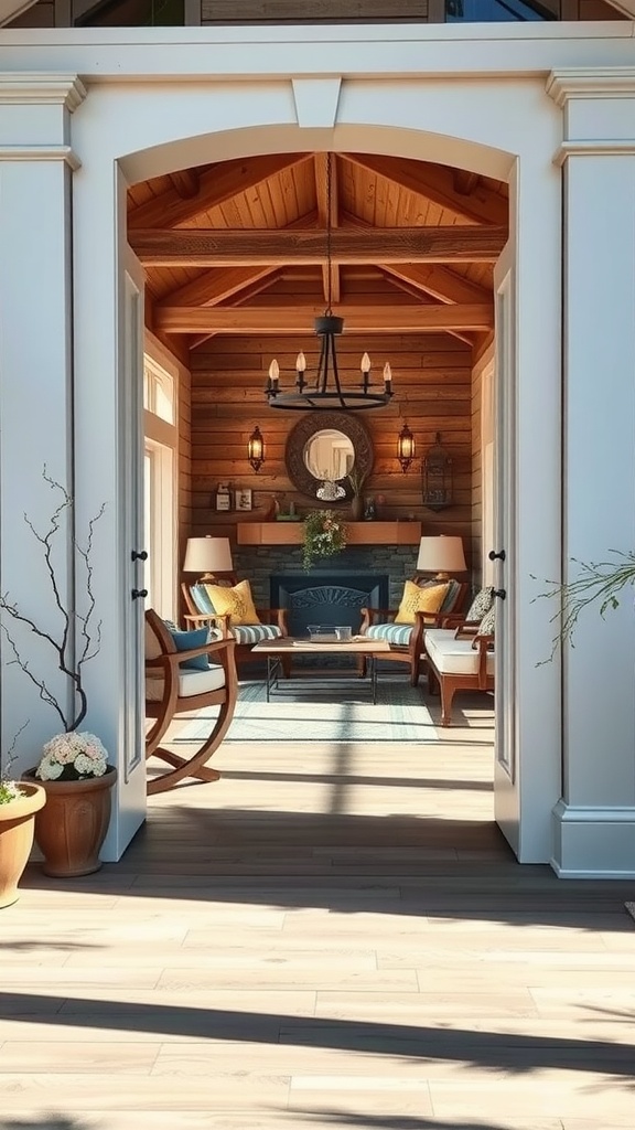 A cozy entryway leading into a rustic living room with wooden beams and inviting furniture.