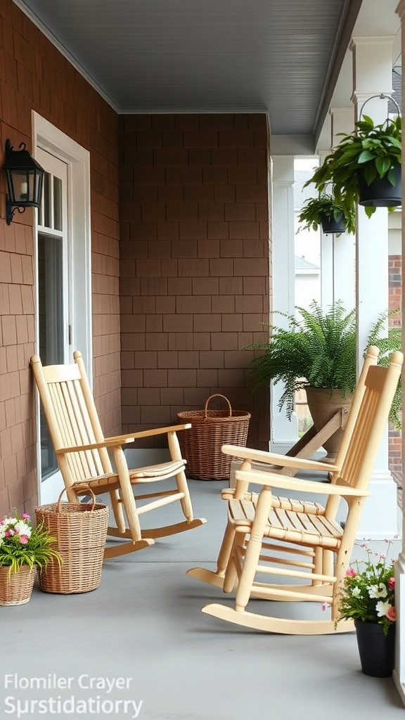 Cozy front porch featuring rocking chairs and wicker baskets