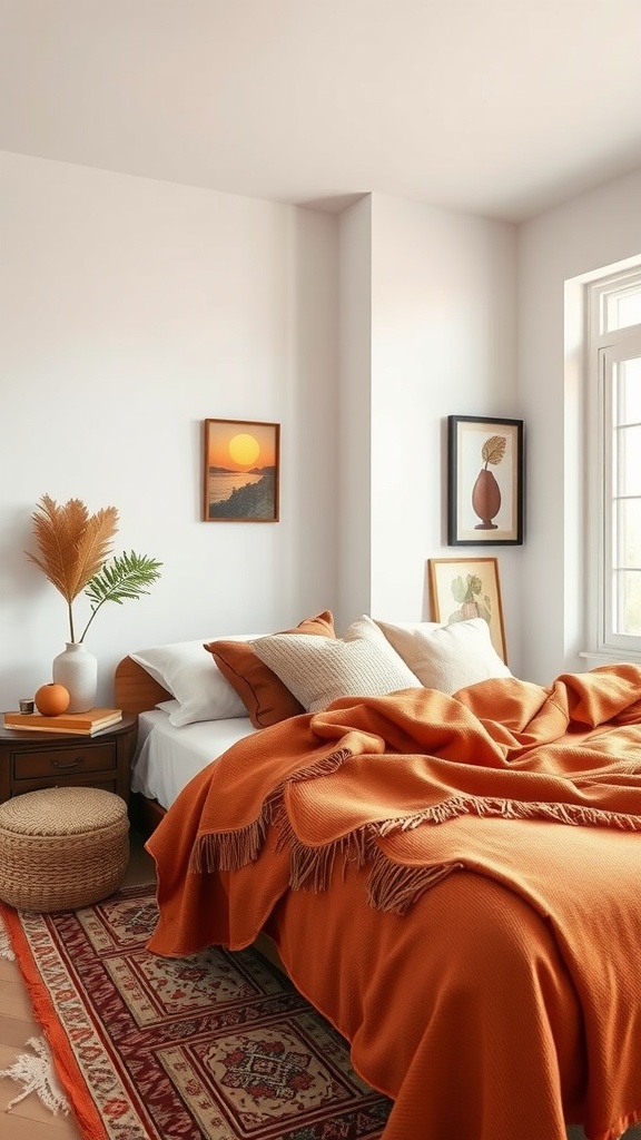 A cozy bedroom featuring a terracotta blanket, earthy decor, and natural light.