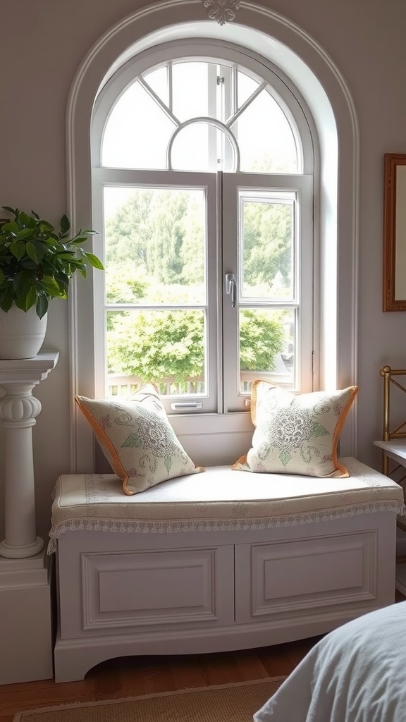 Cozy window seat with cushions and a potted plant in a French cottage bedroom.