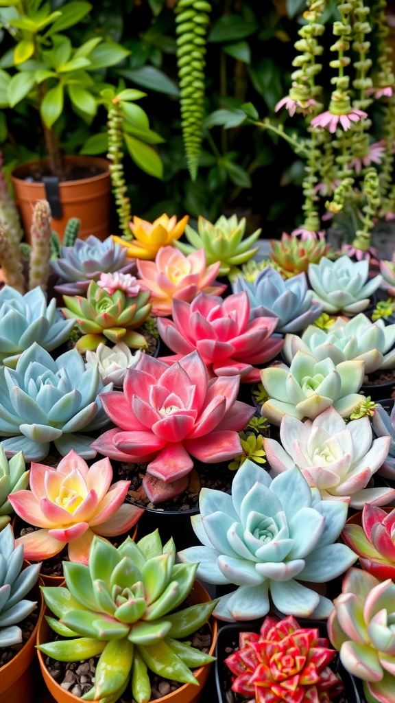 A vibrant collection of various succulents in colorful pots, showcasing a variety of shapes and hues.