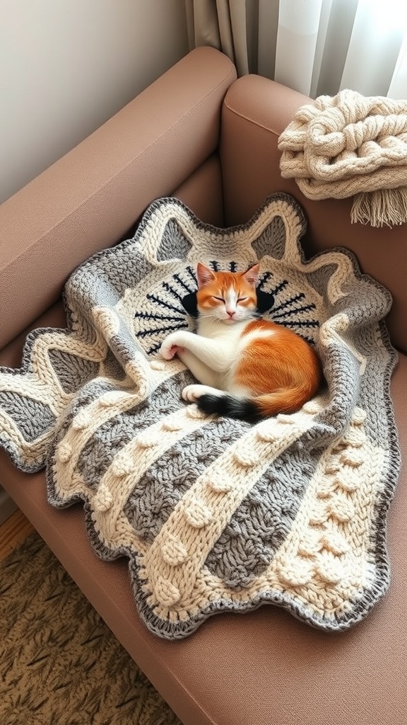 A cozy cat sleeping on a knitted blanket on a sofa.