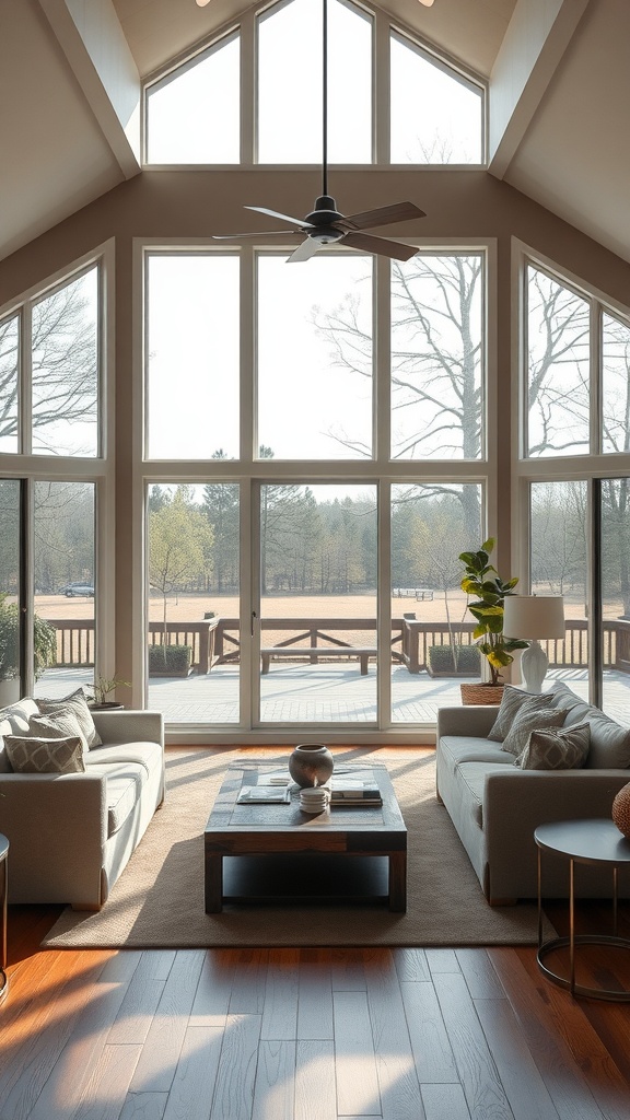 A spacious ranch-style living room with large windows allowing natural light, featuring comfortable sofas and a wooden coffee table.