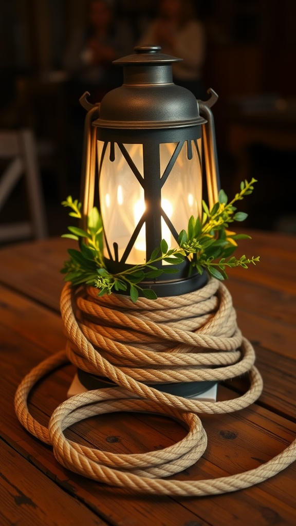 A rustic centerpiece featuring a black lantern surrounded by coiled rope and greenery on a wooden table.