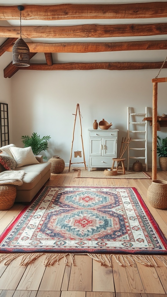 A cozy living room with layered area rugs, wooden beams, and rustic decor.