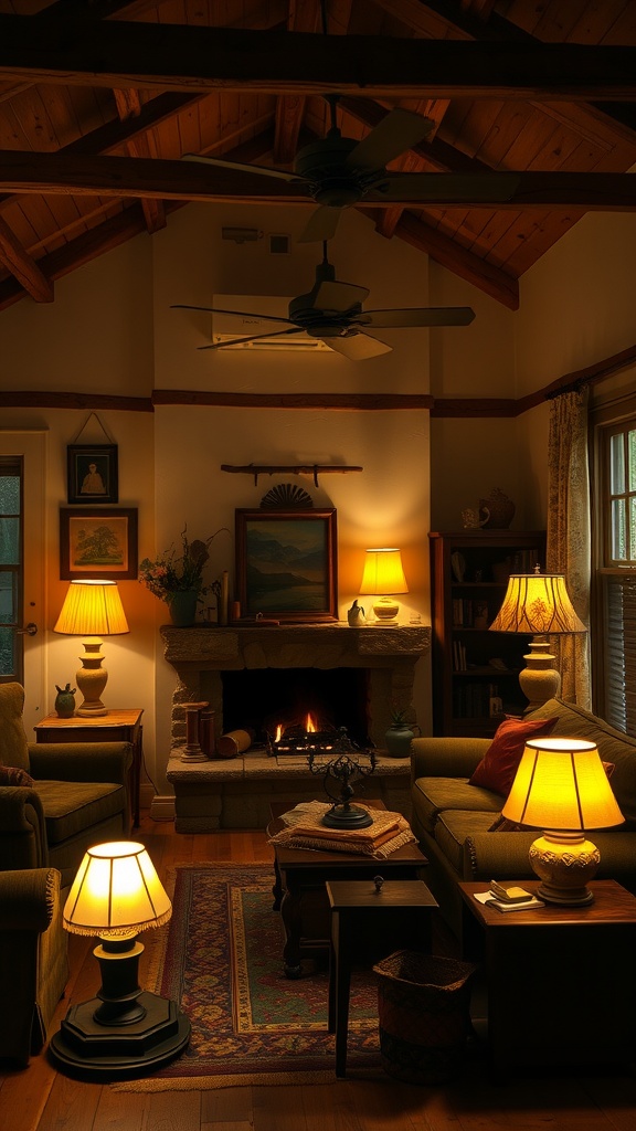 A cozy living room with layered lighting, featuring various lamps and a glowing fireplace.