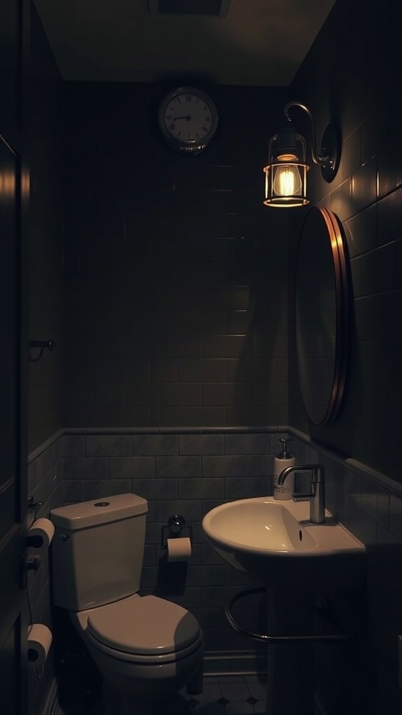 A small dark bathroom with layered lighting featuring a wall lamp, clock, mirror, and sink.