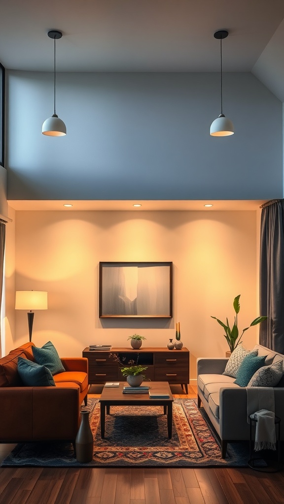 A cozy living room with layered lighting, featuring pendant lights, recessed lighting, and a standing lamp.