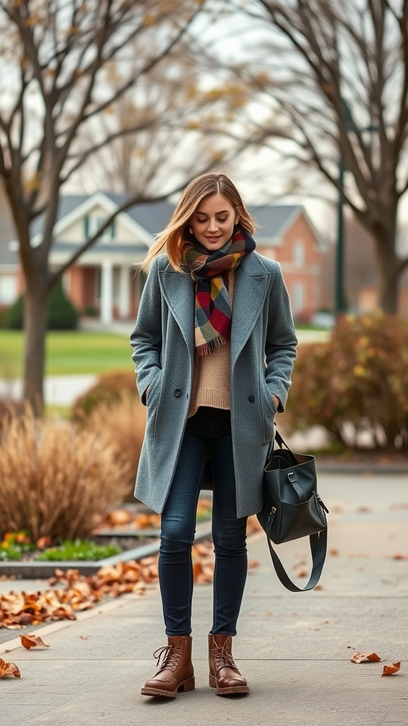 A woman wearing a layered outfit with a gray coat, colorful scarf, and brown boots during spring