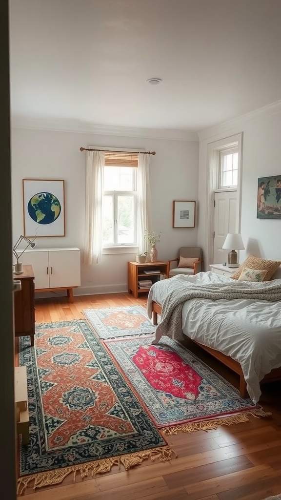 A cozy shared bedroom featuring layered rugs on a wooden floor, with a bed and natural light.