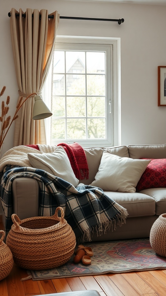 A cozy modern boho living room showcasing layered textiles, including a sofa with various throw pillows and a knitted blanket, woven baskets, and a colorful area rug.