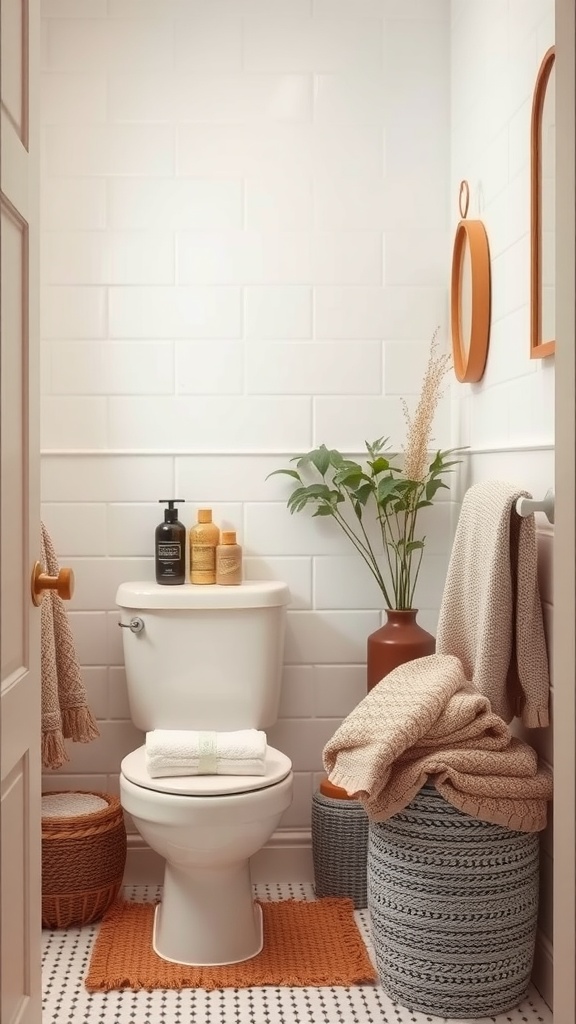 A cozy small bathroom with layered textiles including towels and blankets, plants, and a terracotta rug.