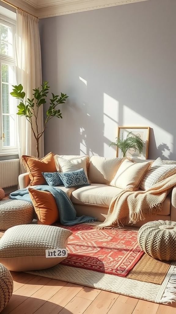 Cozy cottagecore living room featuring layered textiles with a comfortable sofa, colorful cushions, poufs, and rugs.