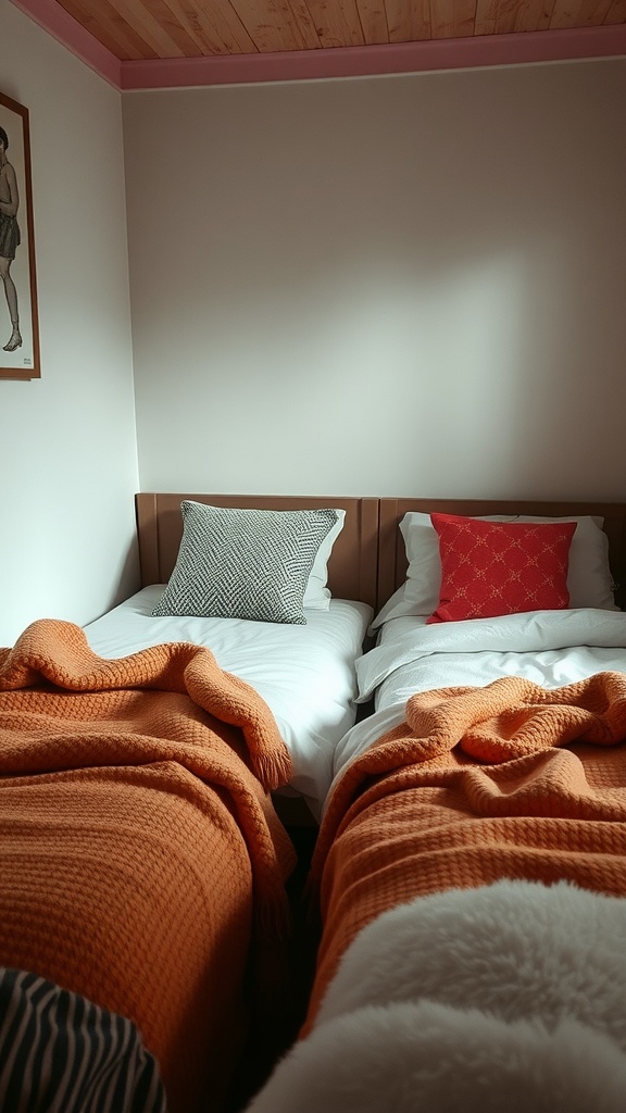 A cozy small bedroom with two twin beds, each adorned with bright orange blankets and decorative pillows.