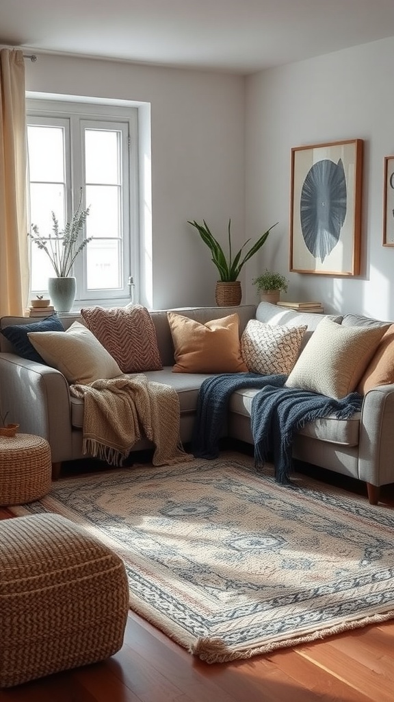 A cozy mobile home living room featuring layered textures with a gray sofa, colorful cushions, and a decorative rug.