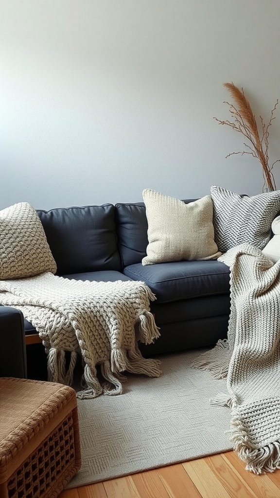 A cozy living room featuring a dark gray couch with knit throws and soft pillows, alongside natural decor elements.