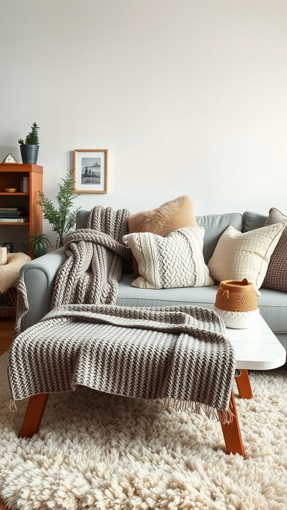 Cozy living room with layered textures including a gray sofa, knitted throws, and a fluffy rug.