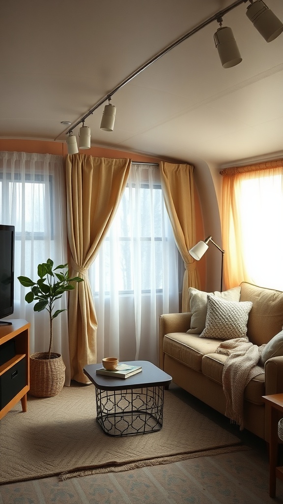 A cozy trailer house living room featuring layered window treatments with sheer white curtains and golden drapes.