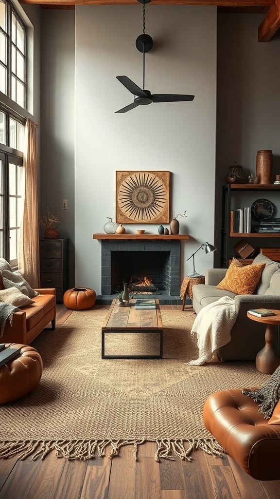 A modern western living room featuring layered textures with leather furniture, woven rugs, and decorative elements.