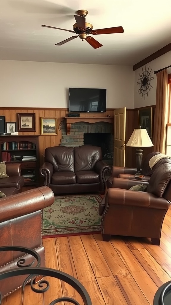 A ranch-style living room featuring leather furniture, wooden floors, and warm lighting.