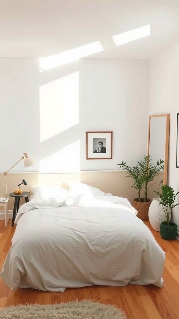 A cozy small shared bedroom with a bed, mirror, plants, and natural light.