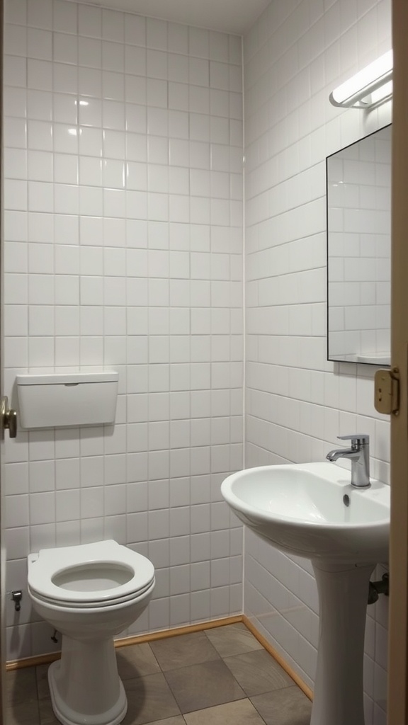 A small bathroom with white tiled walls and a simple layout.