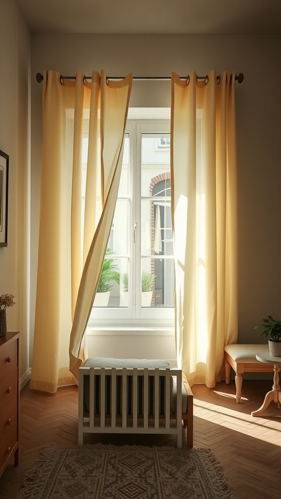 A bright and airy room with yellow curtains framing a window, letting in sunlight, and showcasing plants outside.