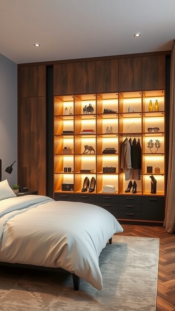 A modern bedroom featuring a lighted display wardrobe with illuminated shelves showing shoes and accessories.