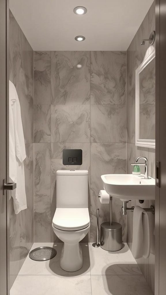 A minimalist small bathroom featuring a compact toilet and a wall-mounted sink.