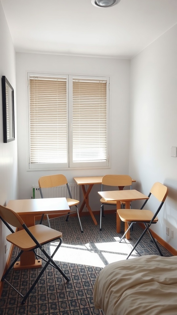 A small bedroom with lightweight folding furniture including chairs and tables, creating a flexible and cozy atmosphere.