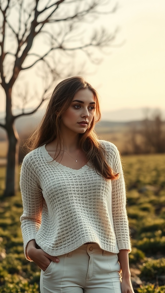 A young woman wearing a lightweight knitted sweater, standing in a field during sunset.