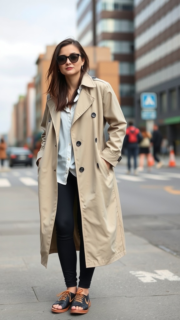 A woman in a beige lightweight trench coat, black leggings, and sandals, posing on a city street.