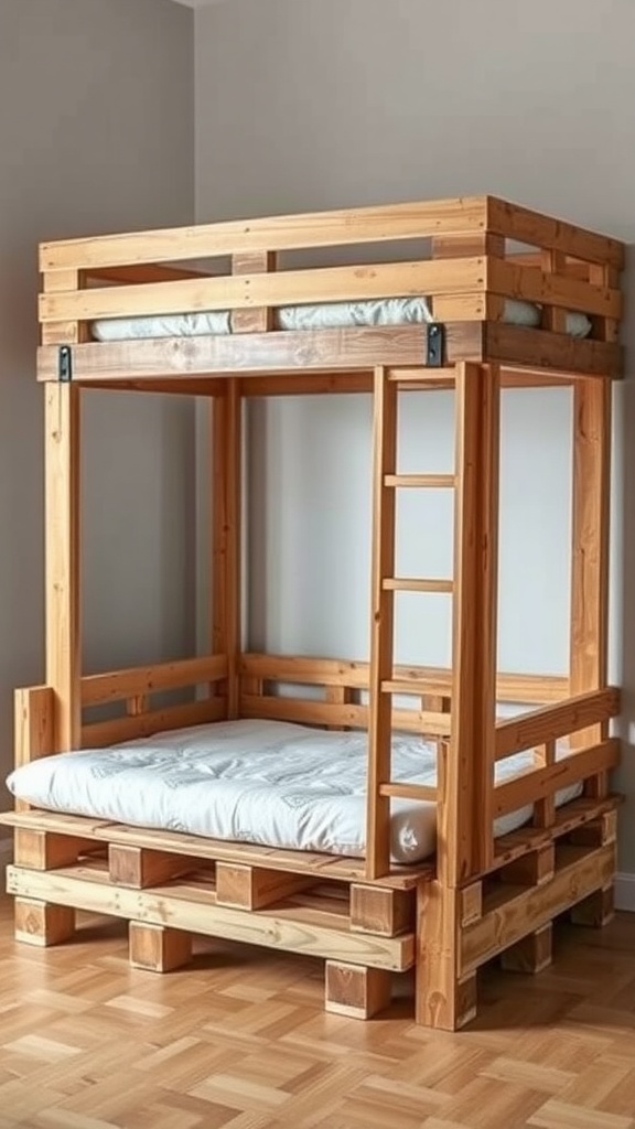 Loft bed made from wooden pallets with a lower sleeping area and a ladder