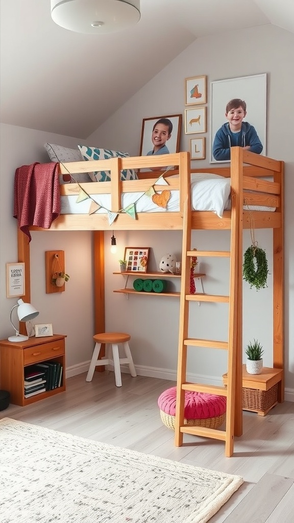 A stylish loft bed with personal decorations and a workspace underneath.