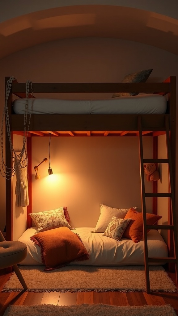 Loft bed with a cozy relaxation space underneath, featuring cushions and warm lighting.