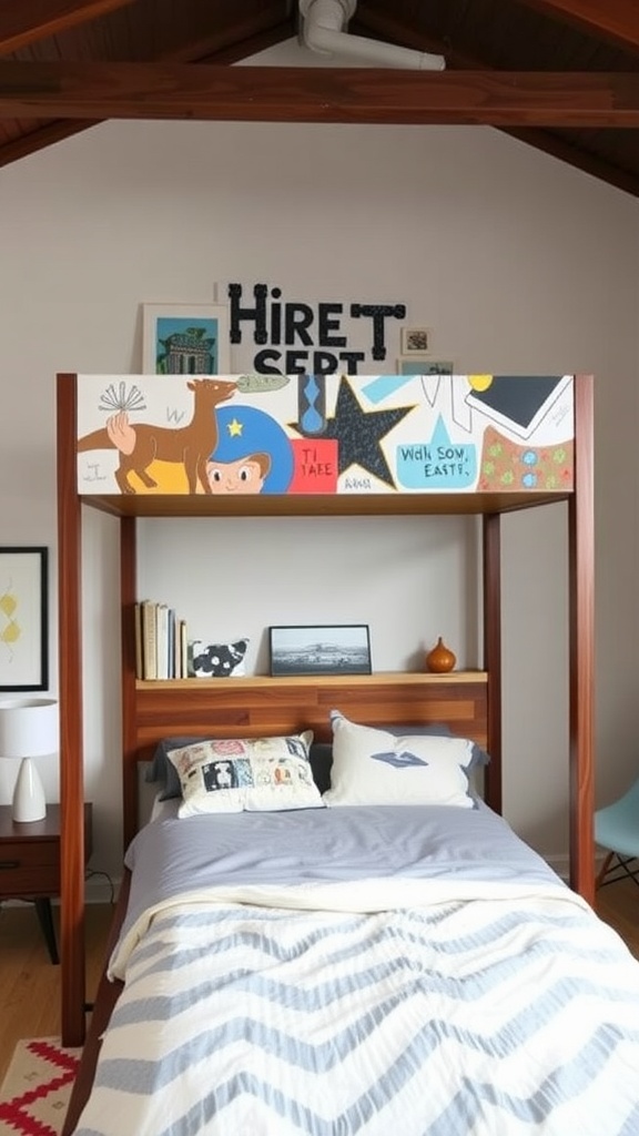 A loft bed with an artistic headboard featuring colorful illustrations, wooden frame, and cozy bedding.