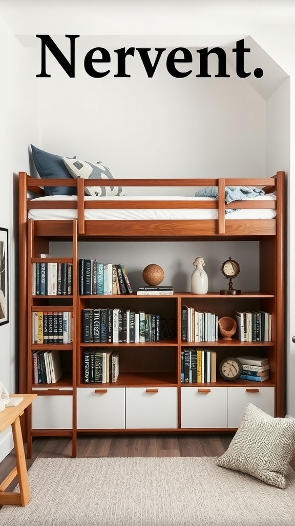 A wooden loft bed with a bookshelf underneath, featuring various books and decorative items.