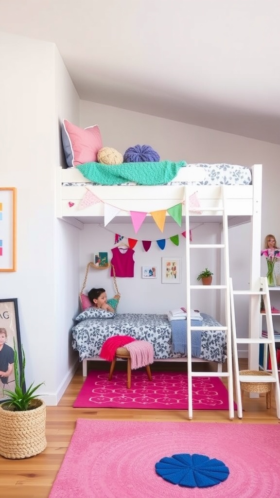 A loft bed with colorful accents, featuring a cozy sleeping area above and a playful nook below.