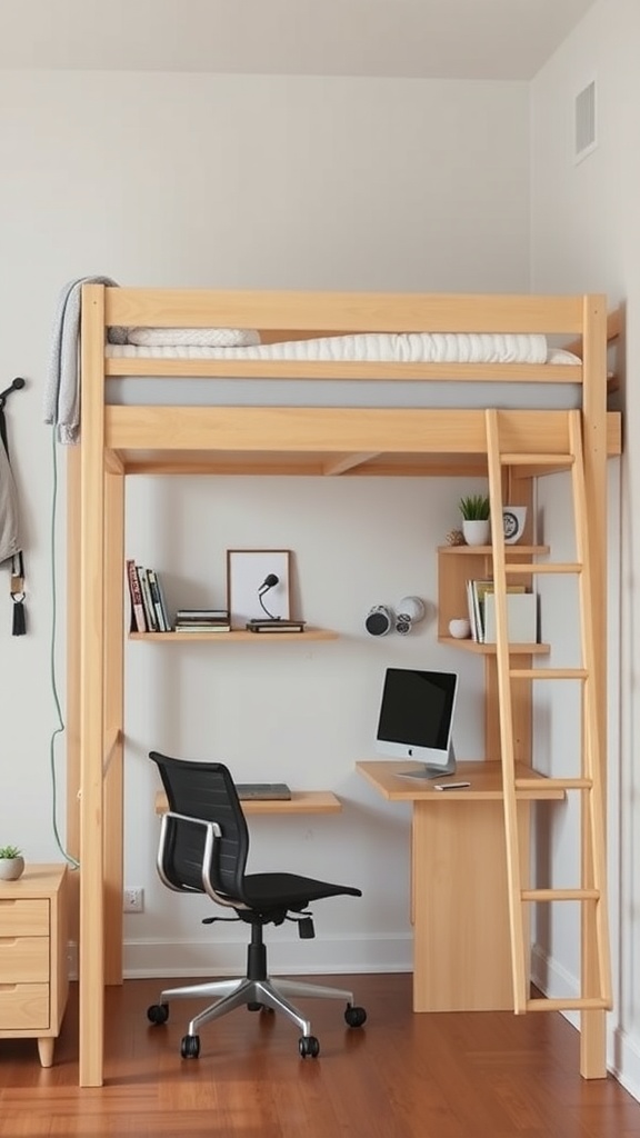 A loft bed with a desk and chair underneath, featuring light wood design and a cozy workspace.