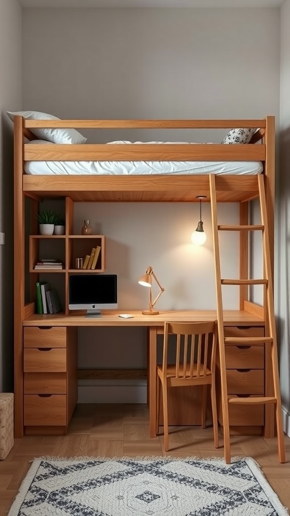 A wooden loft bed with a foldable desk underneath, featuring a computer and a lamp.