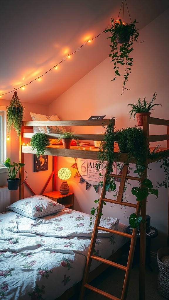 A cozy loft bed with hanging plants and string lights, featuring a comfortable bed underneath.