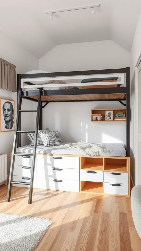 Loft bed with integrated storage features, including drawers and a comfortable sleeping area.