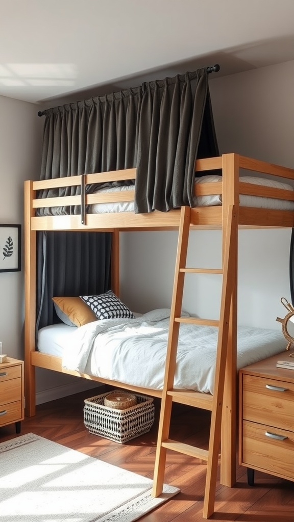 A cozy loft bed with a privacy screen, featuring wooden structure and curtains for seclusion.