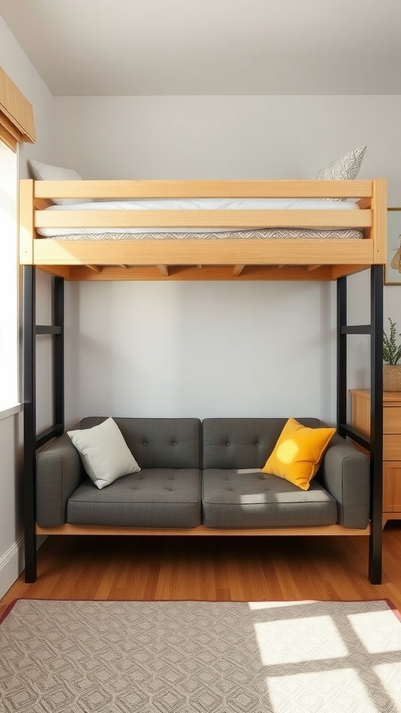 Loft bed with a seating area featuring a couch and colorful pillows.