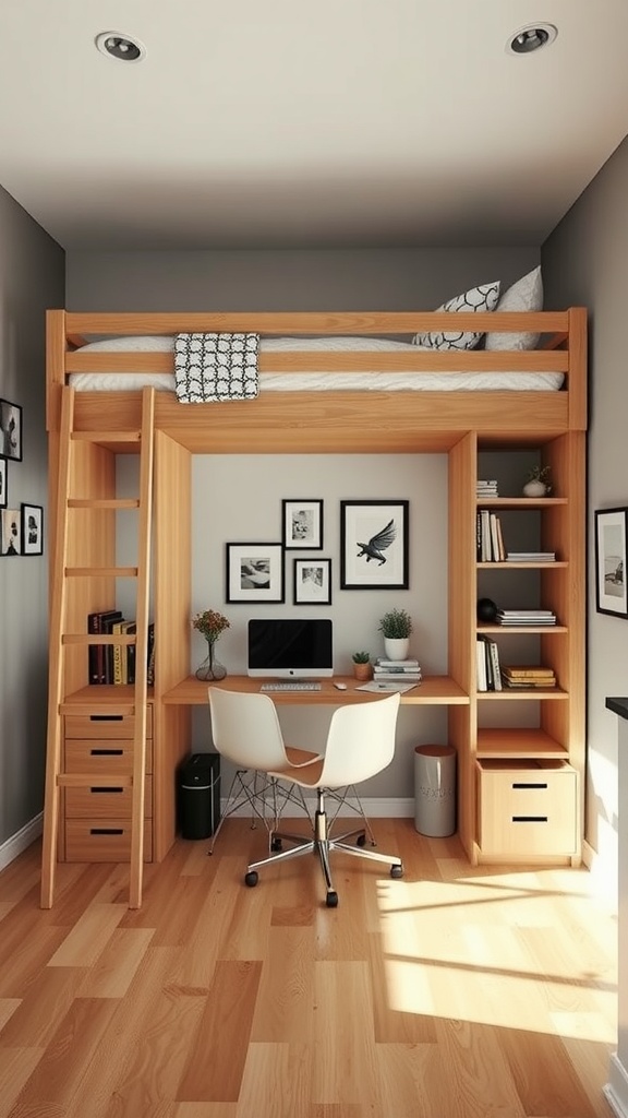 A loft bed with a study nook underneath, featuring a wooden ladder, desk with a computer, and decorative wall art.