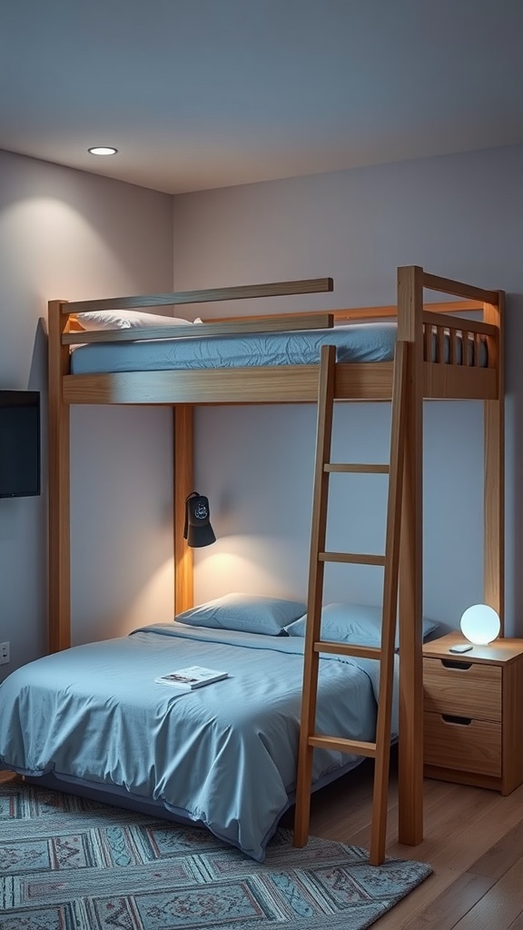 A stylish loft bed with tech features, including a lower bed, a ladder, and bedside lighting.